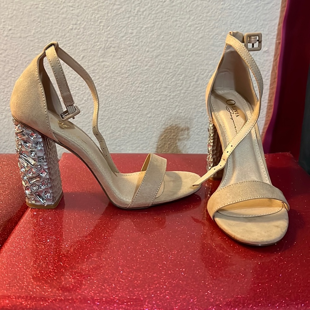 Olivia Ferguson Camel Suede Silver Heels with Stones